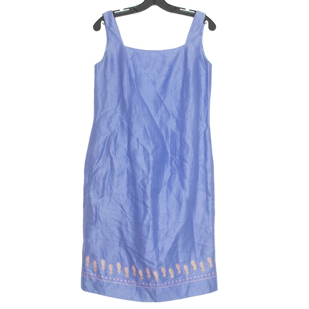 Jennifer West Vintage Dress Linen Silk Boho Cottage Coastal Embroidered Blue 8